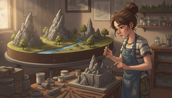 A detailed scene of an artist skillfully sculpting realistic rocky formations for a diorama, showcasing intricate textures of the rocks with cracks, crevices, and an organic look. The foreground features the sculptor, a person in modest casual clothing, using various sculpting tools and surrounded by a workspace filled with sculpting materials. In the middle ground, display a partially completed diorama featuring these realistic rocks integrated into a miniature landscape, with lush greenery contrasting against the rugged terrain. The background includes soft lighting that casts gentle shadows, enhancing the three-dimensionality of the rocks. Captivate the viewer with a serene yet focused atmosphere, highlighting the artistry and creativity involved in rock sculpting.