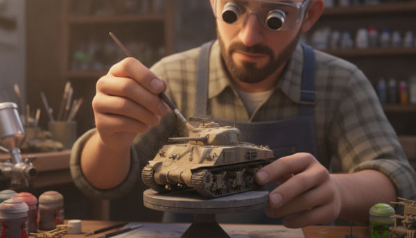 A high-detail close-up of a professional airbrush applying weathering pigments to a miniature tank, fine dust effects, soft lighting, cinematic macro photography.