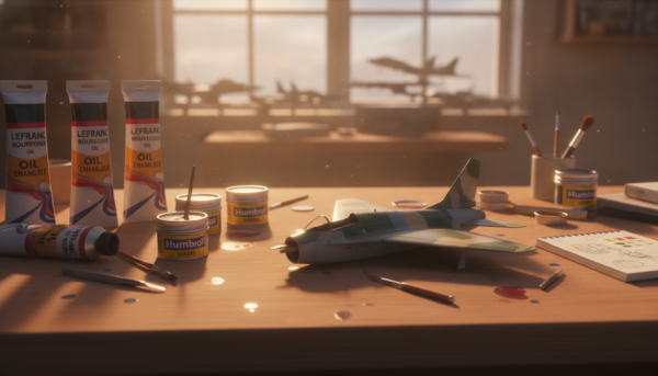 A high-quality artistic setup showing tubes of Lefranc Bourgeois oil paints, Humbrol enamel tins, and a partially painted scale model on a clean wooden workbench, cinematic lighting, macro photography.