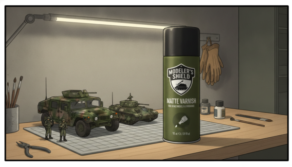 A high-quality spray can of matte varnish for scale models and dioramas, placed on a clean workbench with a military vehicle model, soft lighting, professional photography style.