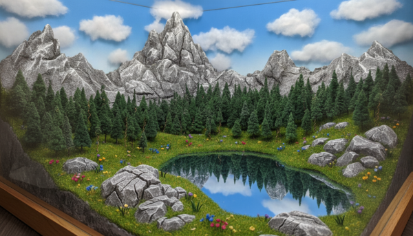 A highly detailed and realistic diorama of a majestic mountain landscape, showcasing snow-capped peaks in the background under a bright blue sky with fluffy white clouds. In the foreground, include intricate details like rocky terrain, a small crystal-clear lake reflecting the mountains, and patches of vibrant green grass dotted with colorful wildflowers. The middle ground should feature a dense forest of pine trees transitioning to the rocky slopes of the mountains. Employ soft, natural lighting to create a serene atmosphere, with shadows adding depth to the scene. Capture the image from a slightly elevated angle, highlighting the diorama's depth and intricacies, evoking a sense of peace and inspiration for artistic creation.