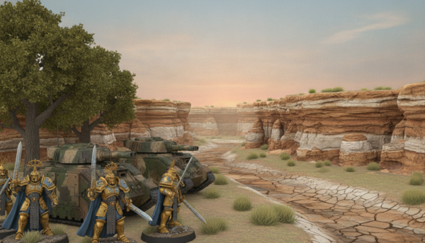 A highly detailed scene showcasing a variety of miniatures with a dry brush texture, ideally highlighting different materials used in diorama setups. In the foreground, vibrant miniatures of soldiers, vehicles, and foliage exhibit a meticulous dry brush technique that enhances their details and textures. The middle ground features a small diorama landscape, blending natural elements like rocks and grass, each showcasing distinct dry brush effects. In the background, a softly blurred horizon merges with a serene gradient sky, casting diffused lighting that accentuates the textures. The mood is creatively inspiring, inviting viewers to appreciate the nuances of dry brush application. The angle captures the scene at a dynamic perspective, emphasizing the three-dimensionality of the miniatures while maintaining a clear focus on their intricate details.