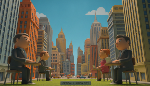 A meticulously crafted diorama illustrating the principles of forced perspective, showcasing a vibrant cityscape. In the foreground, miniature figures dressed in professional business attire are interacting at a cafe, their sizes exaggerated to convey depth. The middle layer features towering skyscrapers that recede into the background, with their architectural details sharply defined. Soft, warm lighting bathes the scene, casting gentle shadows that enhance the three-dimensional effect. The background offers a clear blue sky, adding to the feeling of vastness. Shot from a low angle to emphasize the height of the buildings, this image captures the play of optical illusions and depth perception in an engaging and visually striking manner.