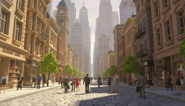 A meticulously crafted diorama showcasing a bustling city street in forced perspective, emphasizing the illusion of depth and scale. In the foreground, a detailed miniature scene features tiny pedestrians in professional attire, walking along a sidewalk lined with small-scale trees and storefronts. The middle ground reveals a row of buildings that gradually increase in height, showcasing intricate architectural designs and textures. In the background, larger buildings fade into a soft mist, enhancing the sense of distance. Bright, natural daylight illuminates the scene, casting soft shadows that add realism. The perspective is shot from a low angle to emphasize the dramatic depth, inviting viewers to explore the intricate details of the diorama. The mood is lively and vibrant, encapsulating the energy of urban life.