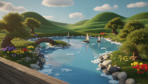 A meticulously crafted miniature river scene, showcasing a vibrant, flowing blue stream winding through a lush, green landscape. In the foreground, detailed elements like pebbles, miniature trees, and colorful flowers border the riverbanks. The middle ground features a serene lake, reflecting the sky, with a few small boats gently floating. In the background, rolling hills and a clear blue sky create an idyllic atmosphere. The lighting is soft and warm, suggesting late afternoon, casting gentle shadows and highlighting textures. Capture this scene using a shallow depth of field for a dreamy quality, focusing on the intricate details of the river and lakeside flora. The overall mood is peaceful and inviting, perfect for illustrating a miniature landscaping project.