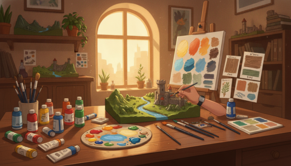 A professional acrylic painting workspace, featuring a refined wood table scattered with an array of vibrant acrylic paint tubes, brushes of various sizes, and a palette mixing colors. In the foreground, a set of hands, clad in smart casual clothing, expertly applying paint to a miniature diorama scene that depicts lush landscapes and intricate details. The middle section showcases a canvas with various samples of techniques like blending and layering, alongside visual guides on painting textures. The background features warm, inviting lighting from a large window, casting soft shadows and highlighting the craftsmanship. The overall atmosphere is one of creativity and professionalism, inspiring viewers with the art of diorama painting.