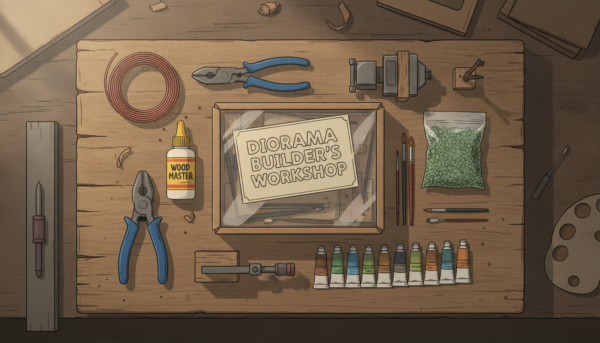 A professional flat lay of a diorama craft kit containing copper electrical wires, wire strippers, wood glue, green flocking foam, a small vise, and acrylic paints on a wooden workbench, soft natural lighting, high resolution.