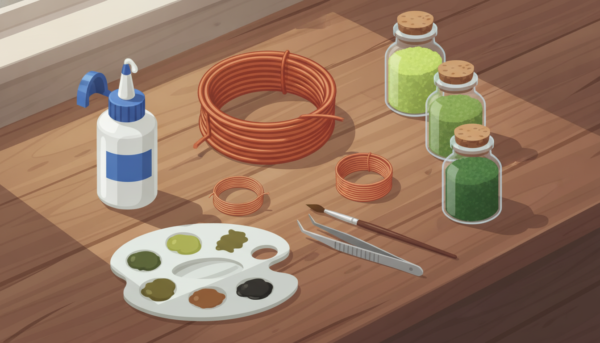A professional, high-quality flat lay photography of model making supplies for miniature trees on a wooden workbench: copper wires of different gauges, a bottle of white glue, green sawdust in jars, acrylic paints, and fine tweezers. Natural workshop lighting, 8k resolution, cinematic composition.
