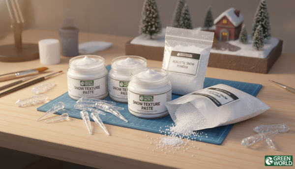 A professional photography of various artificial snow products from Green Stuff World, including jars of texture paste, bags of realistic snow powder, and sparkling 3D resin icicles arranged on a hobbyist's workbench with a warm, creative atmosphere.