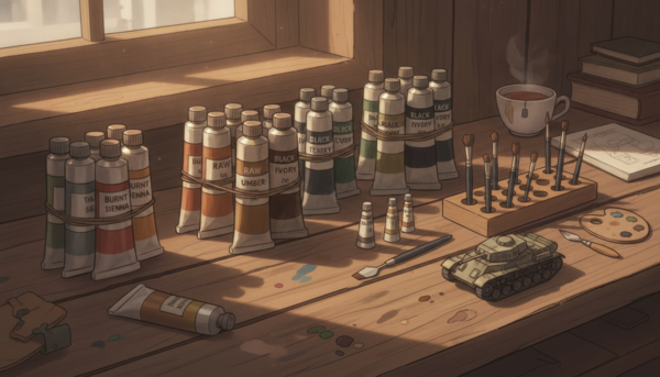 A professional set of oil paint tubes for scale modeling, featuring burnt sienna, raw umber, and black ivory, arranged on a wooden workshop table with a warm atmosphere.