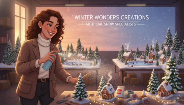 A professional setting showcasing the application of artificial snow in a winter landscape. In the foreground, an artist in a smart casual outfit carefully applies a layer of synthetic snow to a festive display, using a spray bottle and a brush. The midground features realistic snowy pine trees and decorated holiday scenes, embellished with twinkling lights. The background captures a softly falling snow effect, enhancing the magical atmosphere, with a gently lit sky transitioning from sunset to twilight. Use a wide angle lens to emphasize depth, with warm, inviting lighting that suggests a cozy workshop ambiance. The mood is enchanting and professional, highlighting expertise in creating a winter wonderland.