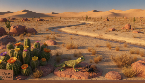 A realistic desert diorama featuring vibrant plants and animals. In the foreground, showcase a cluster of cacti with intricate details, including spines and flowers. Nearby, depict small desert creatures like a lizard and a tarantula, their textures and colors emphasizing their natural habitat. In the middle ground, integrate a dry, sandy landscape scattered with rocks and sparse vegetation, highlighting the contrast between life and arid environment. In the background, add distant sand dunes under a clear blue sky, with warm sunlight casting soft shadows across the scene. Use a wide-angle lens effect to capture the expansive desert atmosphere, creating a sense of depth and realism while evoking a warm, inviting mood.