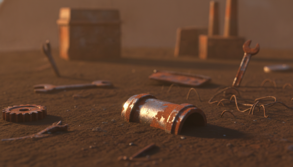 A realistic diorama featuring a detailed mud landscape with metallic textures and rust effects. In the foreground, a close-up scene of a rusted metal object, like a weathered pipe or a piece of machinery, partially submerged in thick, dark mud, showcasing intricate rust patterns and glimmers of reflective surfaces. The middle ground displays more cluttered debris, such as old tools and metal scraps, all covered in a rich layer of grime, with subtle highlights reflecting their metallic surfaces. The background consists of a blurred industrial setting, casting soft shadows over the scene, bathed in warm, diffused lighting to create a moody atmosphere. The composition uses a shallow depth of field, drawing attention to the details of rust and mud, capturing the essence of decay and neglect.