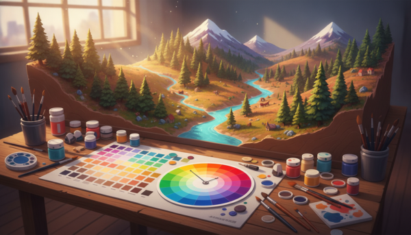 A vibrant and engaging diorama workspace, showcasing a color palette selection for model making. In the foreground, an artist’s table is strewn with swatches of various colors, paint pots, and brushes, with a color wheel prominently displayed. The middle ground features an intricately crafted diorama of a natural landscape, blending forest greens, sky blues, and earthy browns, demonstrating harmonious color coordination. In the background, soft natural light filters through a window, casting gentle shadows that enhance the textures of the diorama materials. The atmosphere is creative and inviting, capturing the essence of artistic experimentation and the joy of color selection. Set at a slightly elevated angle for a dynamic perspective, ensuring clarity and focus on the palette and diorama details.