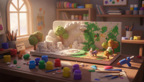 A vibrant and intricate diorama showcasing the application of pigments in a creative DIY project. In the foreground, a variety of small paint containers filled with different hues of pigment are artistically arranged, with brushes and artistic tools scattered around. The middle layer features a beautifully crafted diorama landscape, complete with miniature trees, hills, and textured surfaces, all vividly colored with pigments to demonstrate their effects. The background includes a softly lit workspace with shelves full of art supplies and a window letting in natural light, creating a warm and inviting atmosphere. The scene conveys a sense of creativity and inspiration, with a focus on the detailed textures and colors of the pigments. The angle captures the setting from a slightly elevated perspective, enhancing the depth and detail of the diorama.