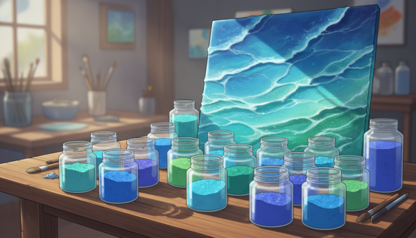 A vibrant display of color swatches and pigment jars arranged artfully on a wooden table, showcasing various shades of blue, green, and clear resin designed to simulate realistic water. In the foreground, the jars glimmer under soft, diffused lighting, reflecting the colors within. The middle layer features a carefully crafted resin water scene, incorporating realistic waves and textures, highlighting the diversity of colors achievable with different pigments. The background is softly blurred, resembling a serene workshop space with natural light filtering through a window, casting gentle shadows. The overall mood is creative and inspiring, inviting viewers to explore the art of color selection in resin projects.