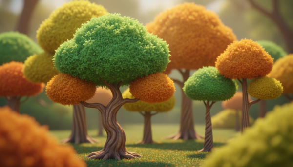 A vibrant scene showcasing miniature trees with colorful sawdust foliage, emphasizing various shades of green, yellow, and orange. In the foreground, a detailed close-up of a tiny tree with intricately shaped leaves made from textured, colored sawdust. The middle section features additional miniature trees arranged in an aesthetically pleasing layout, each displaying unique bark textures and vibrant sawdust canopies. The background is softly blurred, hinting at a serene garden setting with gentle natural lighting filtering through, creating a warm and inviting atmosphere. Capture the essence of creativity and craftsmanship, with a macro lens perspective to highlight the fine details of the trees and their colorful foliage.