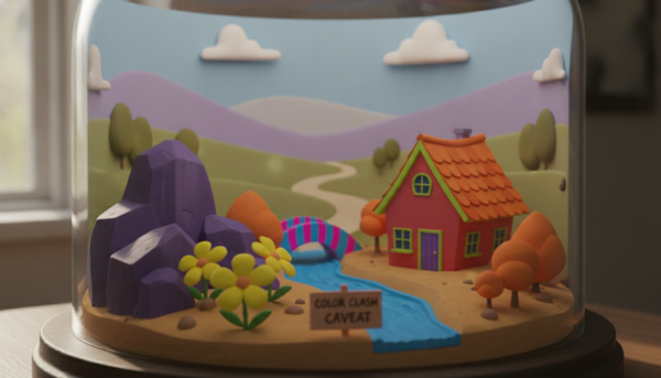 A well-composed diorama showcasing common color harmony errors, focused on complementary colors that clash. In the foreground, a miniature landscape displays vibrant, mismatched color pairings—bright yellow flowers beside deep purple rocks—drawing attention to contrasting hues. The middle ground features a tiny structure painted in jarring red and green, creating an imbalance. In the background, softer colors blend harmoniously, illustrating the ideal use of color theory. The scene is bathed in natural lighting, casting gentle shadows for depth. A close-up angle emphasizes the color discrepancies, evoking a sense of unease and discord. The mood is educational yet eye-opening, provoking thought on color application in dioramas.