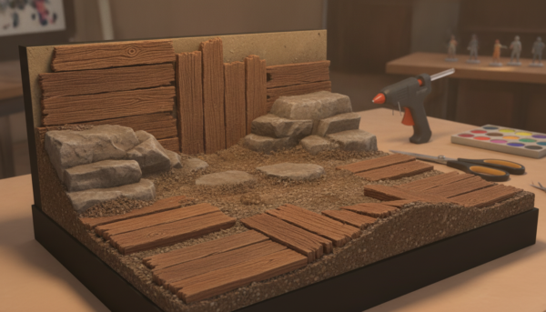A well-crafted diorama base, showcasing a detailed assemblage final socle. In the foreground, various textures of wood, stone, and ground materials intricately layered together, demonstrating stability and craftsmanship. The middle section reveals tools like a glue gun, scissors, and small clamps, carefully arranged to suggest an organized workspace. The background features a softly lit studio environment, with an assortment of paint palettes and miniature figurines subtly blurred to enhance depth. The lighting is warm and inviting, casting gentle shadows to accentuate the textures. Capture this scene from a slightly elevated angle to provide a comprehensive view, evoking a sense of creativity and meticulous attention to detail, ideal for DIY enthusiasts.