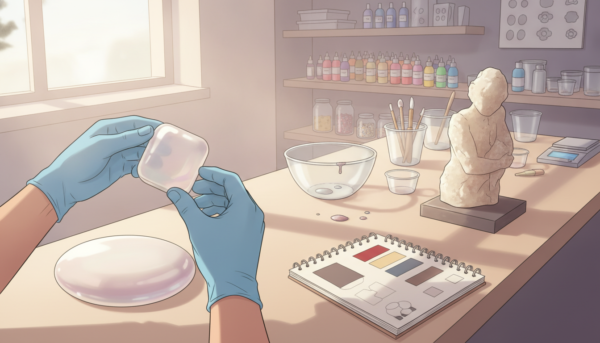 A well-lit workspace featuring two distinct surfaces: one side showcasing a smooth, glossy Moldmaster casting, shimmering under soft daylight, and the other side displaying a textured, opaque resin piece with a natural finish. In the foreground, a pair of gloved hands are carefully inspecting a Moldmaster sample, while a notepad with sketches and color swatches lies beside it. The middle ground includes an organized array of tools like a mixing bowl and measuring cups, hinting at the choice-making process. The background reveals shelves lined with vibrant pigments and various molds, suggesting a creative environment. The atmosphere is focused and professional, emphasizing a critical decision-making moment. Use natural lighting to enhance details, with a slight depth of field to keep the focus on the hands and samples.