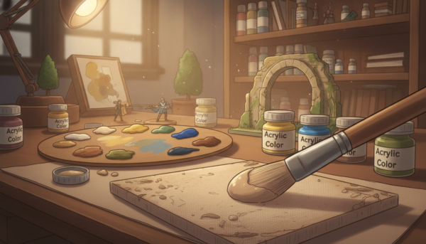 A well-organized artist's workspace featuring a variety of painting tools for dry brushing techniques. In the foreground, a close-up view of a paintbrush with soft bristles, coated in subtle acrylic paint, positioned over a textured canvas that showcases detailed shading and highlights. The middle ground reveals a palette with an array of vibrant colors, surrounded by jars of acrylic paint and a detailed diorama model partially painted. The background is softly blurred, displaying shelves filled with art supplies, enhancing the creative atmosphere. The lighting is warm and inviting, casting soft shadows that highlight the brush strokes. A balanced composition emphasizes advanced shading techniques, evoking a mood of artistic inspiration and professionalism.