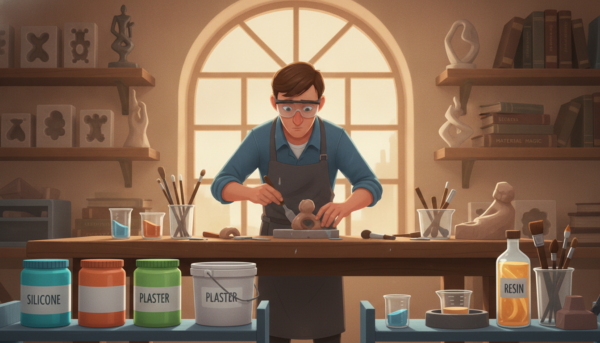 A well-organized workspace showcasing various creative molding materials. In the foreground, there are vibrant containers of mold-making materials, a mix of silicone, plaster, and resin, each labeled and neatly arranged. The middle ground features a skilled artisan at a workbench, focused on creating molds, wearing professional attire. Tools such as spatulas, measuring cups, and brushes are scattered around. The background is softly illuminated by natural light streaming through a large window, highlighting shelves stocked with molds, crafted sculptures, and reference books on molding techniques. The atmosphere is warm, inspiring creativity and professionalism, inviting viewers into the world of craftsmanship and material exploration.