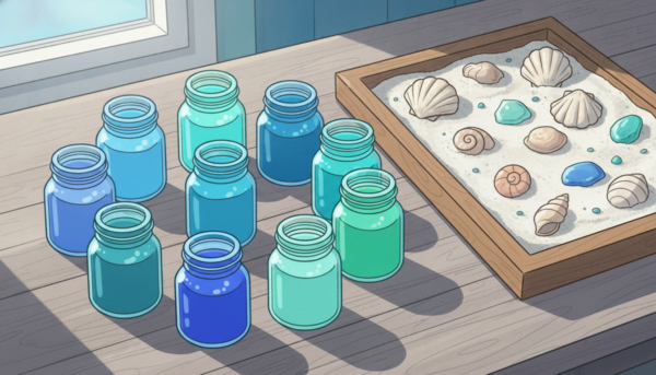 Assortment of blue and turquoise resin pigments in small jars next to a tray of sea shells and white sand, ocean color palette, vibrant colors.