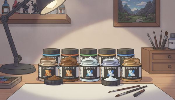 Assortment of texture paste jars from brands like Citadel and Vallejo on a clean desk, some jars open showing mud and snow textures.