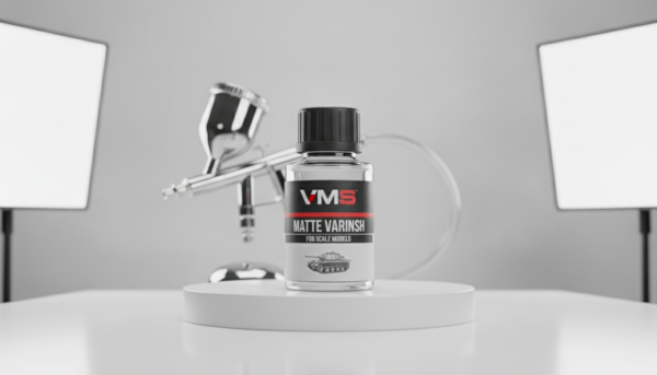 Bottle of VMS Matte Varnish for scale models with a professional airbrush in the background, clean and bright studio lighting, professional product photography.