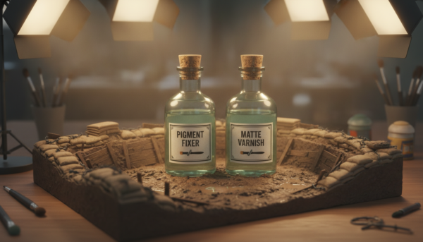 Bottles of pigment fixer and matte varnish for dioramas, transparent liquid in professional containers, placed next to a realistic muddy trench miniature, soft studio lighting.