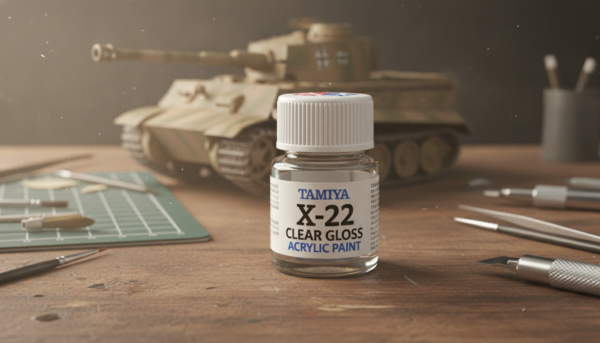 Cinematic close-up of a Tamiya X22 clear gloss acrylic paint bottle on a professional modeler workbench, background with a blurred tank model, soft studio lighting, ultra-realistic 8k.