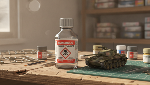 Close-up high quality photography of a bottle of Humbrol Enamel Thinner on a wooden hobby workbench next to a weathered scale model tank, soft natural lighting, bokeh background.