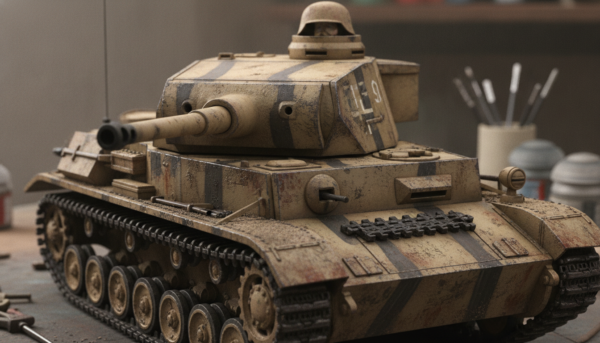 Close-up of a detailed scale model tank showing realistic oil paint wash in panel lines, deep shadows, weathering effects, professional photography, soft lighting, 8k resolution.