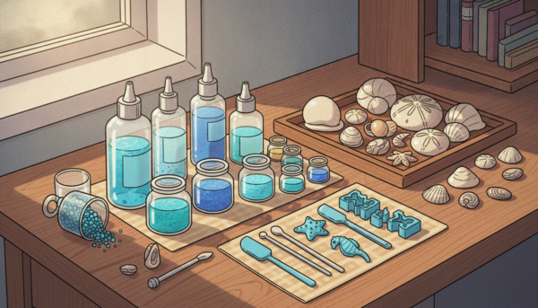 Close-up of a high-quality DIY craft station with transparent resin bottles, blue pigments, sea shells, and silicone tools, soft natural lighting, professional craft photography style.