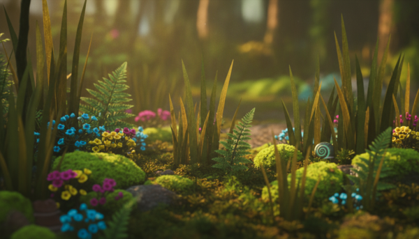 Close-up of a realistic diorama foreground with tall static grass, detailed moss, and lush greenery, professional depth of field, cinematic lighting, 8k resolution.