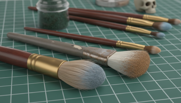 Close-up of high-quality modeling brushes on a craft mat, one soft round brush and one old stiff drybrush, specialized for pigment application on a diorama base, professional photography.