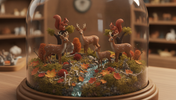 Collection de figurines miniatures d'animaux de la forêt comme des cerfs et des écureuils à l'échelle 1/87, avec des éléments de texture de sol naturel.
