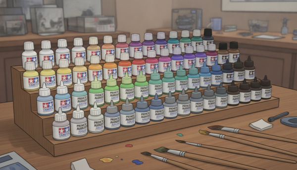 Collection de flacons de peinture acrylique Tamiya et Prince August rangés par dégradés de couleurs sur un présentoir en bois, pinceaux de modélisme au premier plan.