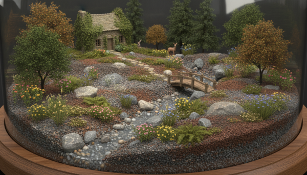 Detailed miniature landscape featuring realistic ground cover from Woodland Scenics, showing different grades of ballast and soil.