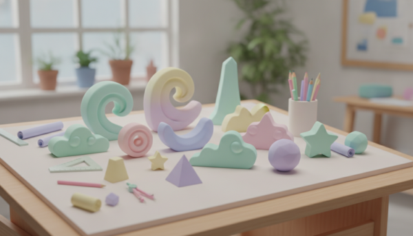 Gros plan sur des objets décoratifs en résine acrylique aux tons pastel, texture mate et lisse, disposés harmonieusement sur une table d'architecte.
