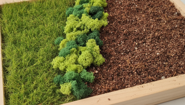 Gros plan sur différentes textures de sol pour diorama, incluant de l'herbe statique, du flocage vert mousse et des petites fibres brunes imitant la terre forestière.