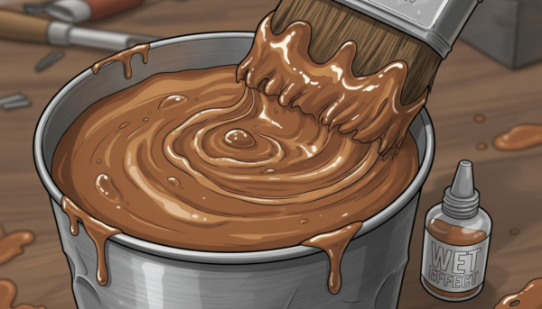 Gros plan sur un pinceau mélangeant de la peinture enamel brune avec un additif brillant "Wet Effect" dans une coupelle en métal, textures réalistes et visqueuses.