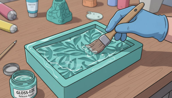 Gros plan sur une main appliquant délicatement un agent démoulant brillant à l'intérieur d'un moule en silicone souple de haute qualité pour faciliter le futur démoulage d'une pièce artisanale.