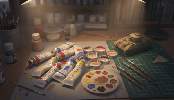 Gros plan sur une table de travail de modéliste avec des tubes de peinture à l'huile de marque Lefranc Bourgeois et des petits pots métalliques de peinture enamel Humbrol ouverts, pinceaux fins à côté, éclairage cinématique.
