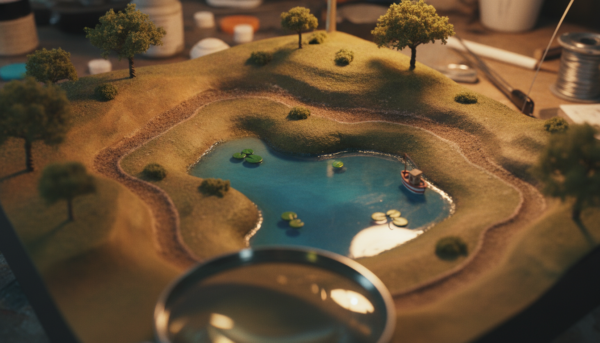 High-quality macro photography of a completed realistic scale model diorama, showing a mix of matte textures on the ground and glossy highlights on a small pond, soft professional workshop lighting, 8k resolution.