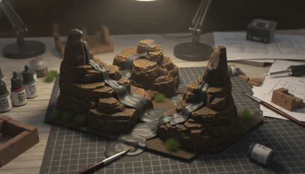 Macro photography of a miniature landscape showing a dark wash paint flowing naturally into rocky crevices, realistic shadows, hobbyist workbench, high detail.