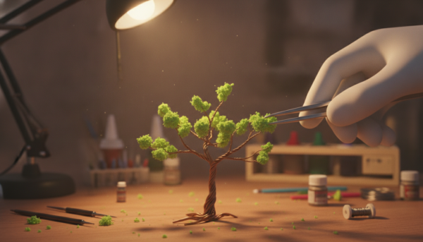 Macro photography of a miniature tree branch being decorated with green foam flocking using tweezers, extremely detailed texture, blurred background of a workshop, cinematic lighting.