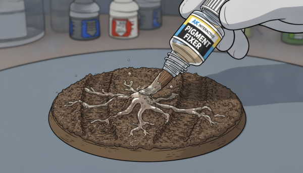 Macro shot of AK Interactive Pigment Fixer being applied with a fine brush to a miniature base with realistic mud textures, focus on the liquid spreading through capillary action.