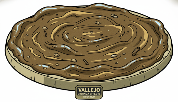 Macro view of Vallejo Diorama Effects Thick Mud applied to a plastic base, showing realistic wet clumps and drying patterns.