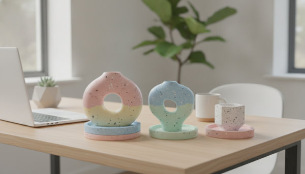 Objets de décoration minimalistes en Jesmonite aux teintes pastel et mouchetées, texture lisse façon pierre polie, disposés sur un bureau moderne, photographie culinaire style lifestyle.